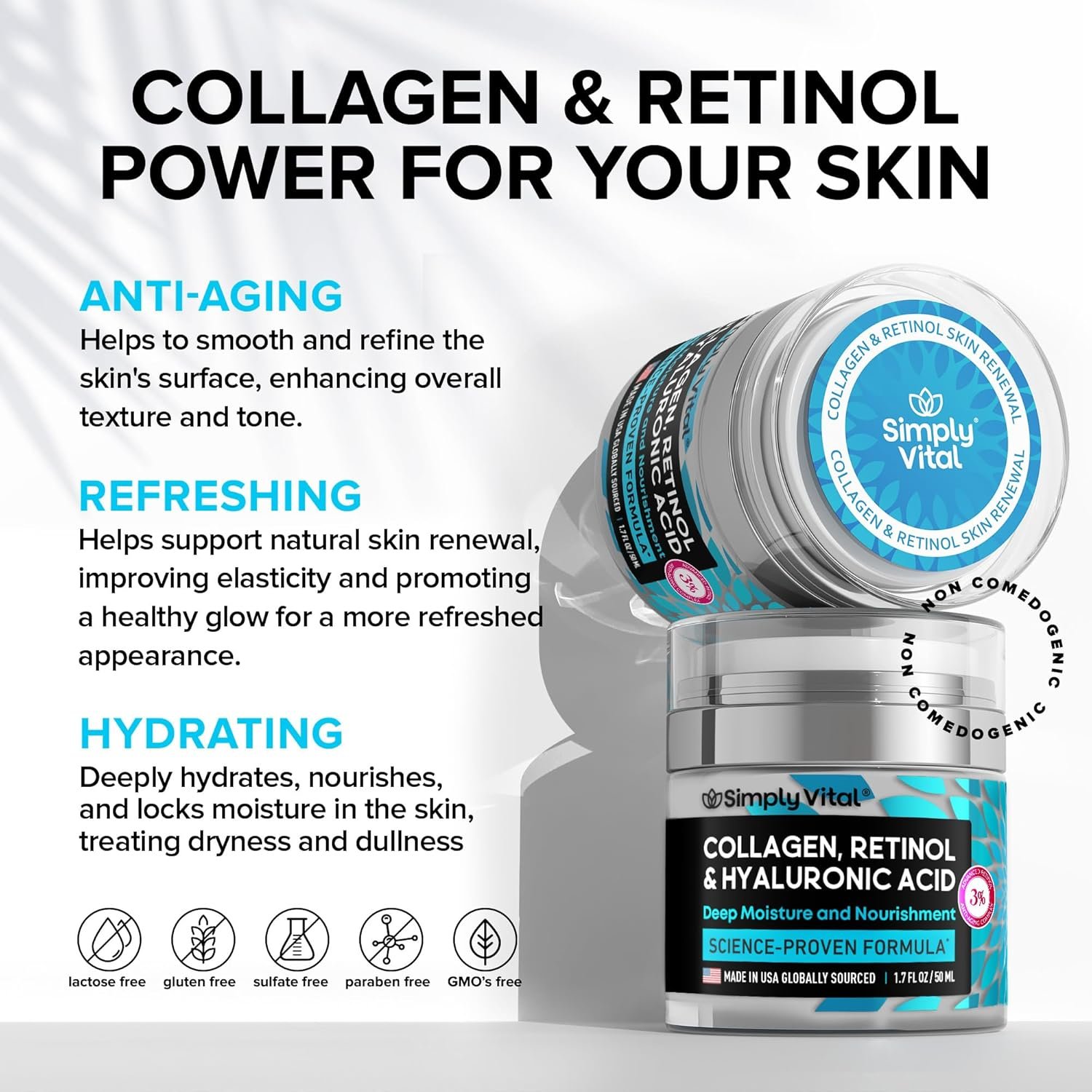 simplyvital collagen, retinol & hyaluronic acid cream anti aging face moisturizer for face, firming skin care neck & décolleté made in usa, daily moisturizer face cream day & night 1.7 fl.oz. simplyvital collagen, retinol & hyaluronic acid cream anti aging face moisturizer for face, firming skin care neck & décolleté made in usa, daily moisturizer face cream day & night 1.7 fl.oz.